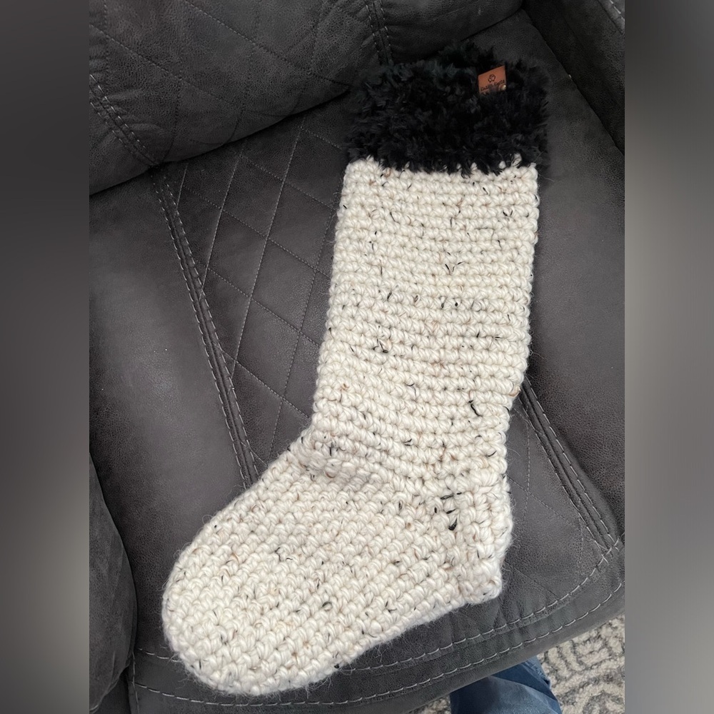 NWT Beige and Black “fur” Christmas stocking, Jumbo size. Handmade Crochet - Picture 2 of 5